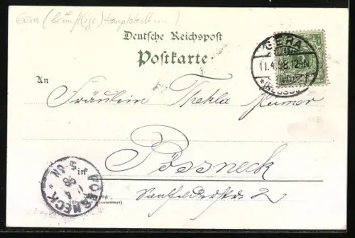 Lithographie Gera, Theater-Post, Liebe-Denkmal, Rathhaus