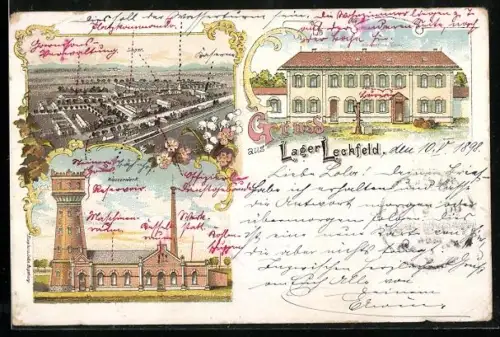 Lithographie Lager Lechfeld, Wasserwerk, Steinernes Haus, Teilansicht