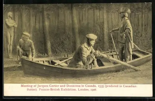 AK London, Franco-British Exhibition 1908, Meeting of Jacques Cartier an Donacona in Canada 1535