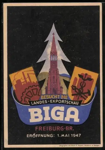 AK Freiburg, Landes-Exportschau BIGA, 1947, Kirchturm und Wappen
