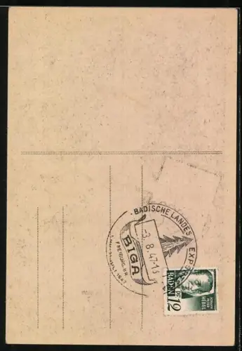 AK Freiburg, Landes-Exportschau BIGA, 1947, Kirchturm und Wappen