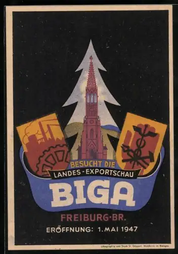 AK Freiburg, Landes-Exportschau BIGA, 1947, Kirchturm und Wappen