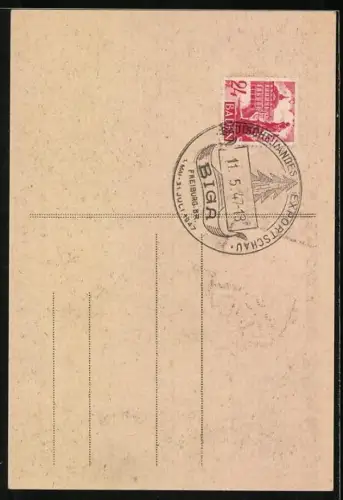 AK Freiburg, Landes-Exportschau BIGA, 1947, Kirchturm und Wappen