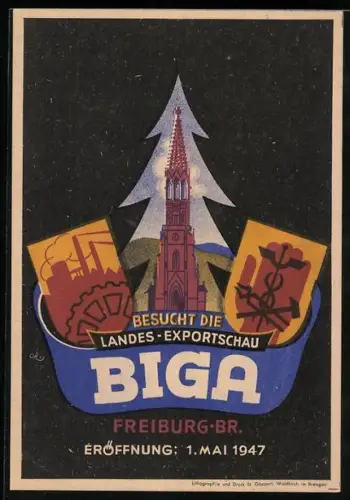 AK Freiburg, Landes-Exportschau BIGA, 1947, Kirchturm und Wappen