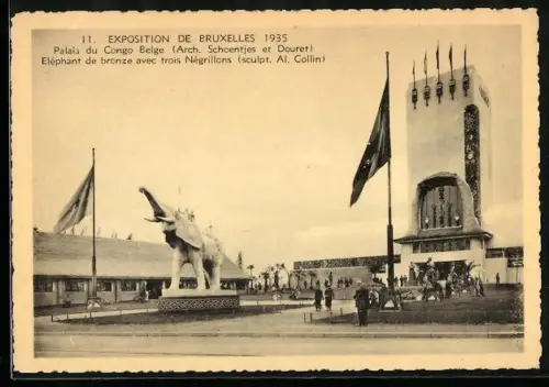 AK Bruxelles, Exposition 1935, Palais du Congo Belge, Eléphant de bronze avec trois Négrillons