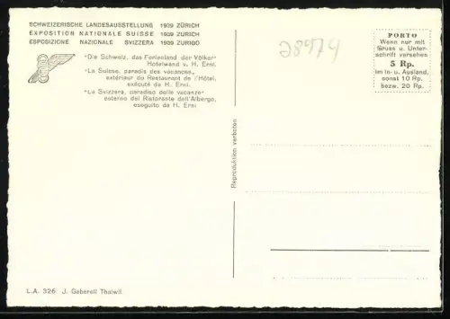 AK Zürich, Schweizerische Landesausstellung 1939, Hotelwand Schweiz, das Ferienland der Völker mit Skulptur
