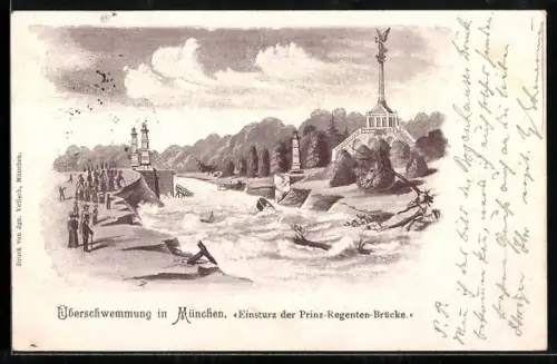 Lithographie München, Überschwemmung, Einsturz der Prinz-Regenten-Brücke