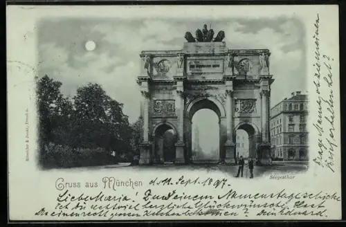 Mondschein-AK München, Siegestor mit Durchblick