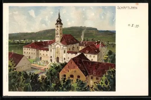 Lithographie Schäftlarn, Klosteransicht aus der Vogelschau