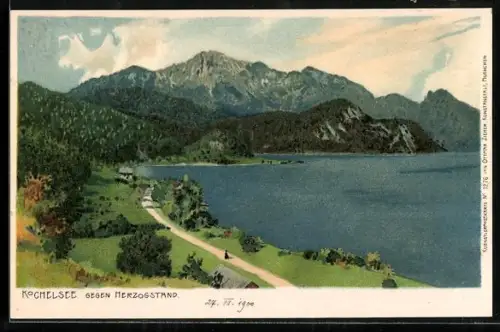 Lithographie Kochelsee, Seepartie gegen Herzogstand