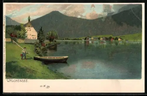 Lithographie Walchensee, Seeufer mit Boot und Häusern