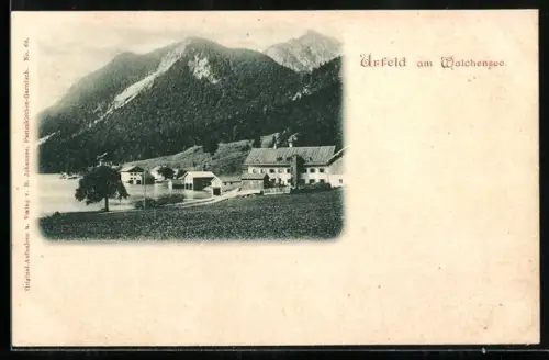 AK Urfeld am Walchensee, Dorfansicht mit See und Bergen