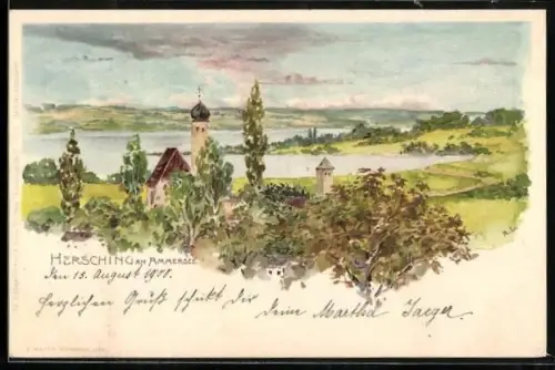 Lithographie Hersching am Ammersee, Kirche und Seepanorama