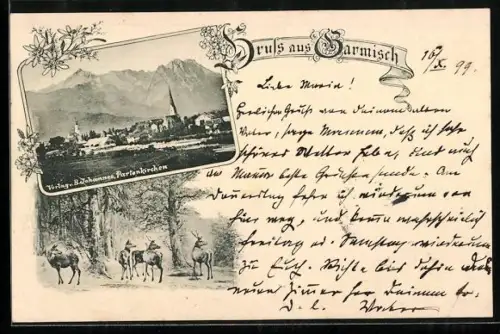 AK Garmisch, Flusspartie und Ort, Hirsche im Wald