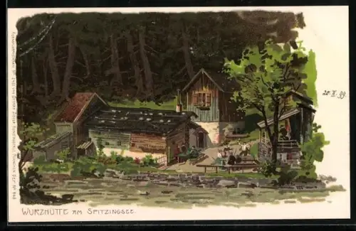 Lithographie Spitzingsee, Wurzhütte am Spitzingsee