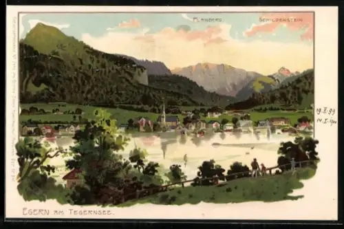Lithographie Egern am Tegernsee, Ortsansicht mit See, Kirche und Bergen