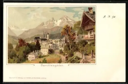 Lithographie Berchtesgaden, Ortsansicht mit Alpenpanorama und Kirche