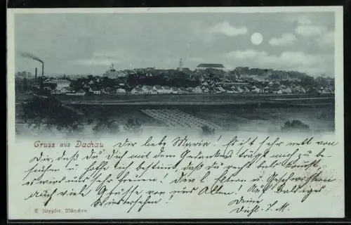 Mondschein-AK Dachau, Ortsansicht mit Fabrikschornstein und Kirche