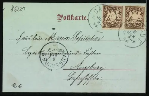 Mondschein-AK Dachau, Ortsansicht mit Fabrikschornstein und Kirche