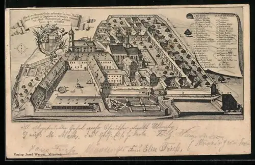 Künstler-AK Buxheim /Memmingen, Klosteranlage mit Kirche und Wirtschaftsgebäuden, Wappen