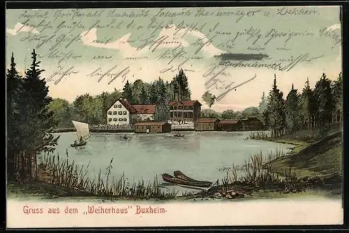 AK Buxheim /Memmingen, Gasthof Weiherhaus, See, Bootspartie