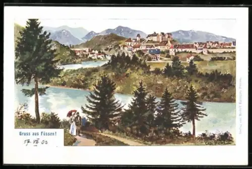 Künstler-AK Füssen, Ortsansicht, Fluss, Alpenpanorama