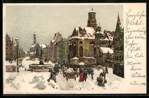 Lithographie Augsburg, Maximilianstrasse, Moritzkirche, Winteransicht
