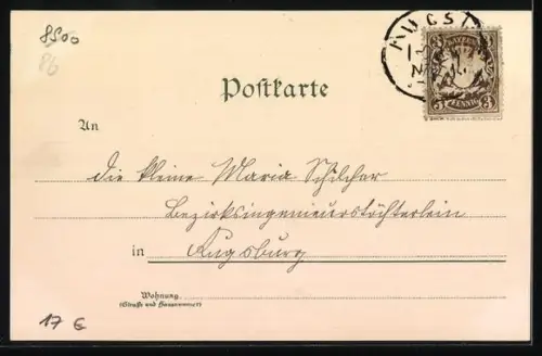 Lithographie Augsburg, Maximilianstrasse, Moritzkirche, Winteransicht