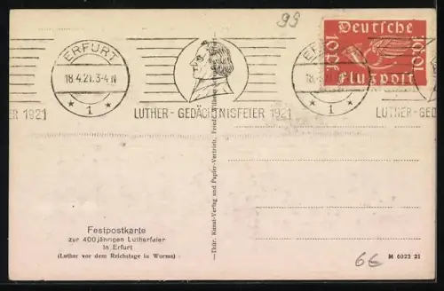 AK Erfurt, Augustinerkirche, Lutherdenkmal, 400-jährige Lutherfeier 1921