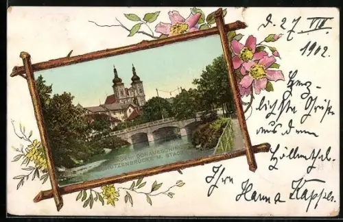 Lithographie Donaueschingen /Baden, Dom, Schützenbrücke u. Stadtkirche, Blumen