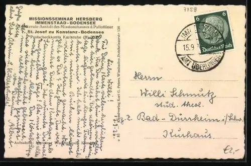 AK Immenstaad /Bodensee, Missionsseminar Hersberg der Pallottiner