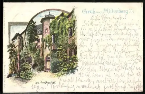 Lithographie Miltenberg, Aus dem Burghof