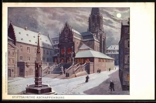 Künstler-AK Aschaffenburg, Stiftskirche u. Denkmal bei Vollmond im Winter