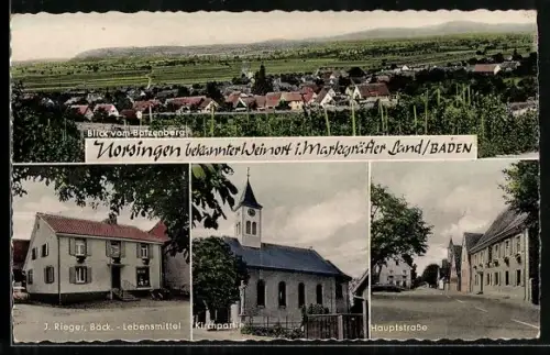 AK Norsingen /Baden, Ort vom Batzenberg aus, J. Rieger Bäckerei-Lebensmittel, Kirche, Hauptstrasse