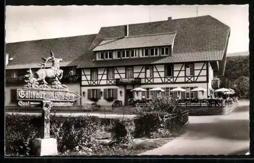 AK Glottertal /Schwarzwald, Gasthaus zum Hirschen H. Strecker mit geschnitzem Wegweiser