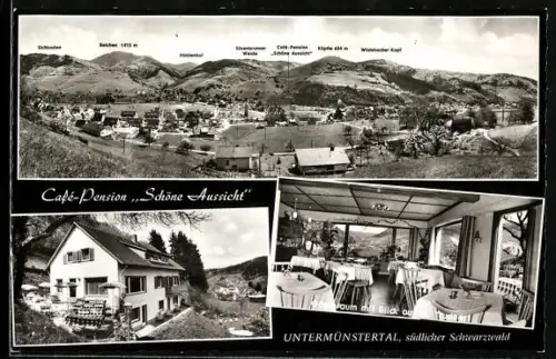 AK Untermünstertal /Schwarzwald, Café-Pension Schöne Aussicht, Gastraum, Ortspanorama