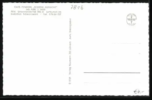 AK Untermünstertal /Schwarzwald, Café-Pension Schöne Aussicht, Gastraum, Ortspanorama