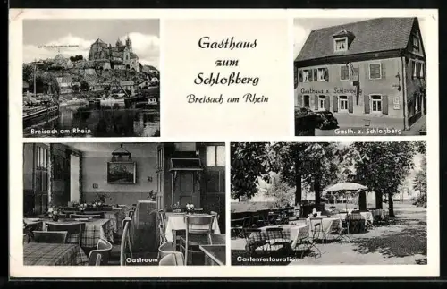 AK Breisach am Rhein, Gasthaus zum Schlossberg L. Trefzger, Gastraum, Garten, Ortsansicht