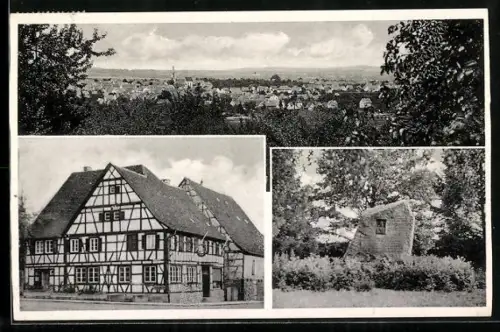 AK Echterdingen /Fildern, Gasthaus zum Lamm Inh. Fr. Fritz, Ortsansicht, Gedenkstein