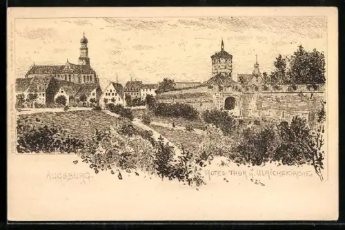 Lithographie Augsburg, Rotes Thor, Ulrichskirche