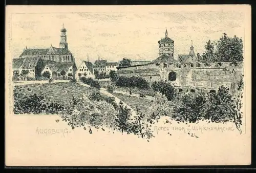 Lithographie Augsburg, Rotes Thor u. Ulrichskirche, Panorama