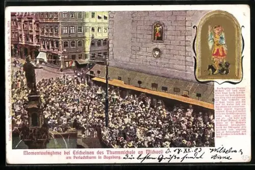 Präge-AK Augsburg, Perlachturm, Erscheinen des Thurmichele am Michaelitag, St. Michael