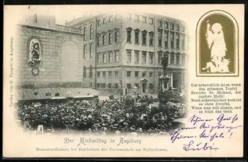 Präge-AK Augsburg, Michaelitag, Perlachturm, Turmmichele, Menschenmenge, St. Michael ersticht den Teufel