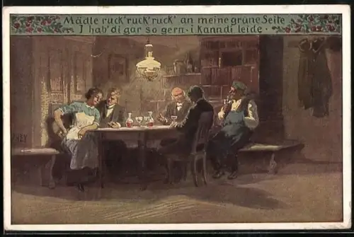 Künstler-AK P. Hey, Volksliederkarte Nr. 67: Männergesellschaft trinkt zusammen Wein, Liebespaar