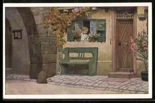 Künstler-AK P. Hey: Die Lore am Tore, Dame am Fenster, Verein für das Deutschtum im Ausland