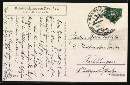 Künstler-AK P. Hey: Die Lore am Tore, Dame am Fenster, Verein für das Deutschtum im Ausland