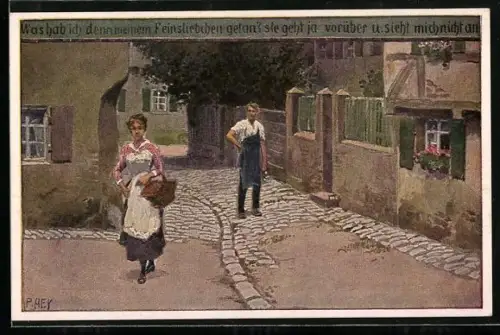 Künstler-AK P. Hey, Volksliederkarte Nr. 55: Was hab ich denn meinem Feinsliebchen.. - Verärgerte Frau