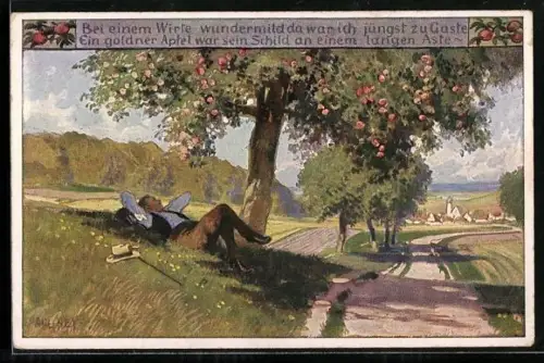 Künstler-AK P. Hey, Volksliederkarte Nr. 53: Bei einem Wirte wundermild, Mann rastet auf der Wiese unter dem Apfelbaum