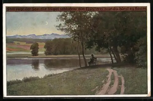 Künstler-AK P. Hey, Volksliederkarte Nr. 76: Still ruht der See, Mann sitzt am See