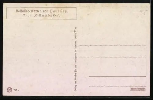 Künstler-AK P. Hey, Volksliederkarte Nr. 76: Still ruht der See, Mann sitzt am See